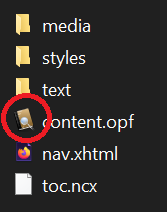 Calibre Viewer icon circled next to content.opf