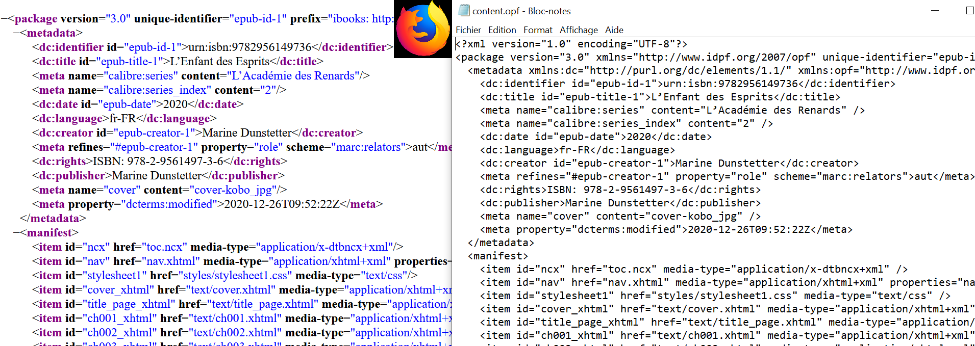 Comparison of content.opf file opened in Firefox and Windows Notepad