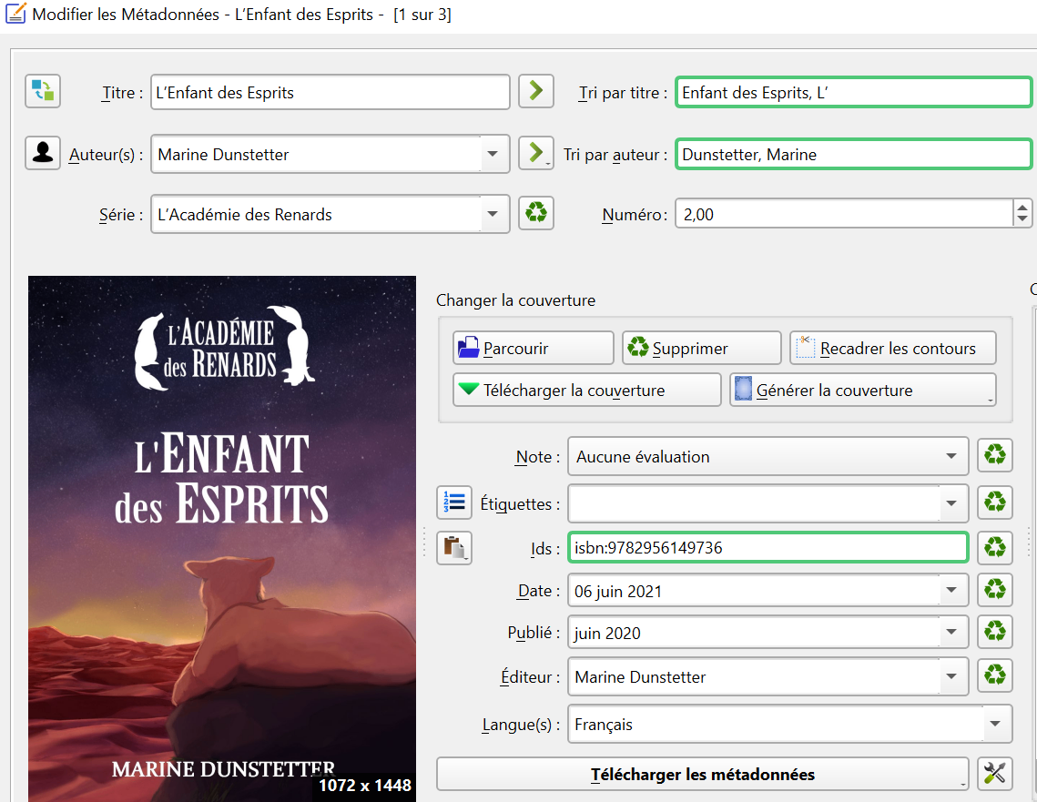 Screenshot of Calibre software showing where EPUB metadata is displayed