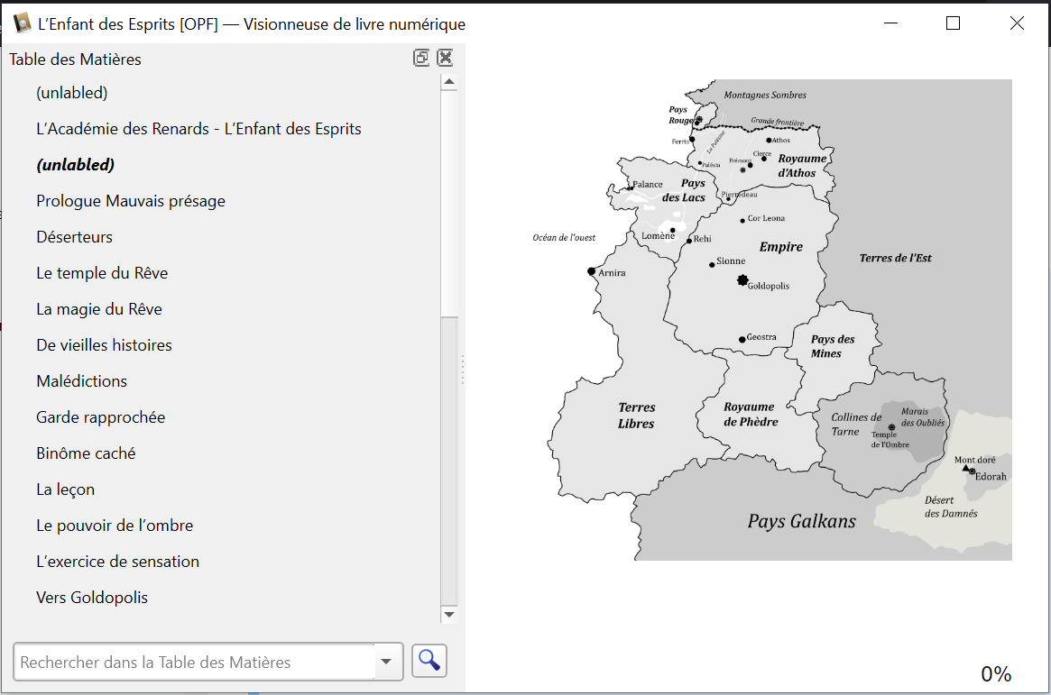 L’Enfant des Esprits displayed by Calibre Viewer. The World Map page corresponds to a chapter (unlabelled)